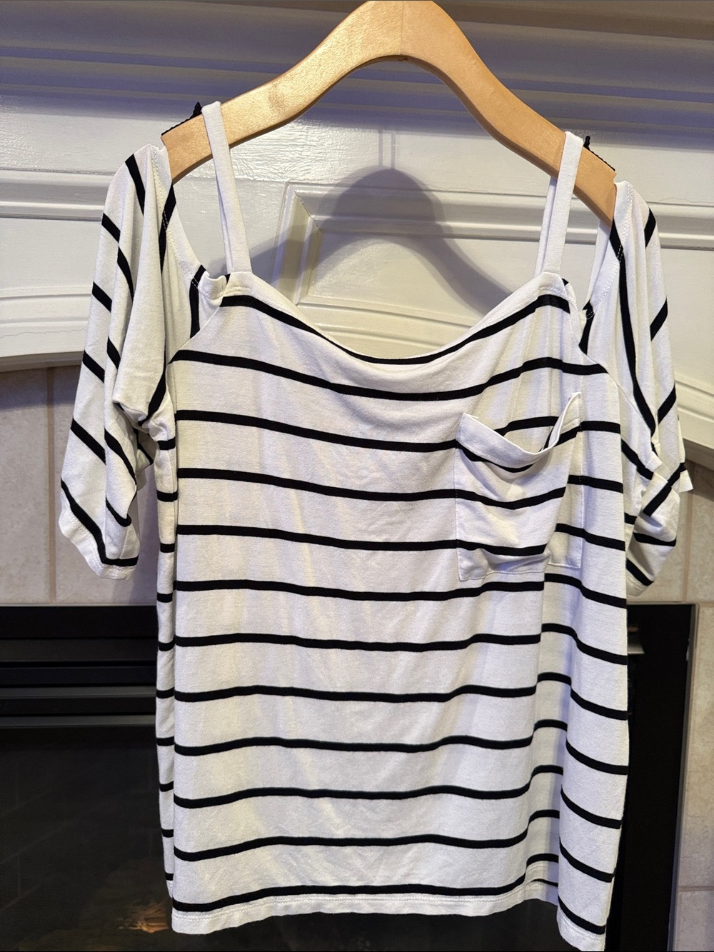 White House Black Market White and Black Striped Off-Shoulder Tee